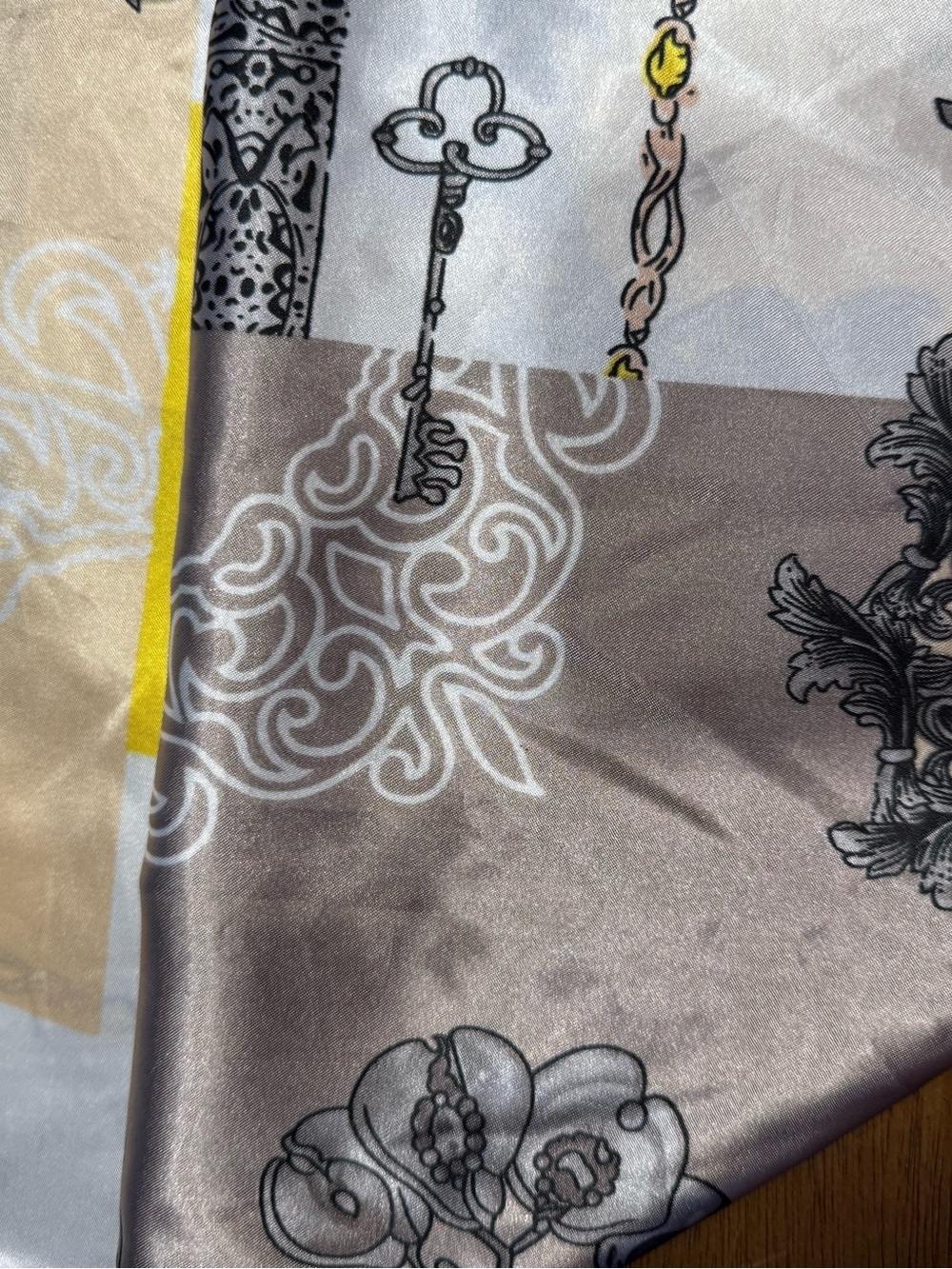Silky Square Scarf with Yellow, Beige and Gray Geometric Print silk feeling poly - Picture 4 of 8